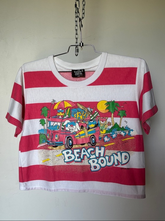 Vintage Tops - The Zoo Crew Beach Bound Striped Graphic Vintage Boxy Tee 1987 Surf